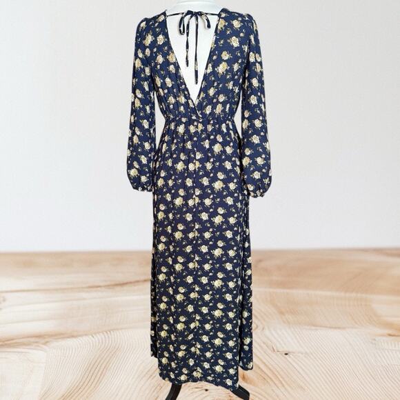 Promesa Maxi Dress Black Floral Sz M Long Balloon Sleeves Back Neck Tie Packable - Picture 5 of 12